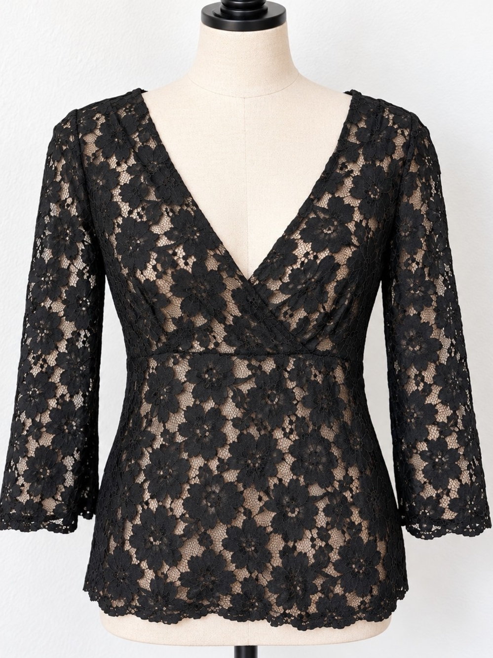 Black Floral Lace Sheer V Neck 3/4 Sleeve Top Y2K Romantic Goth Medium Large